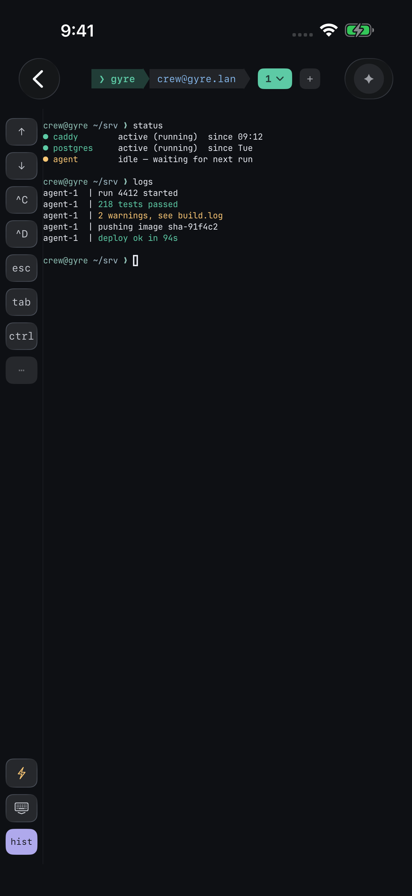 Outrigger terminal session on iPhone: crew@gyre with service status and agent logs